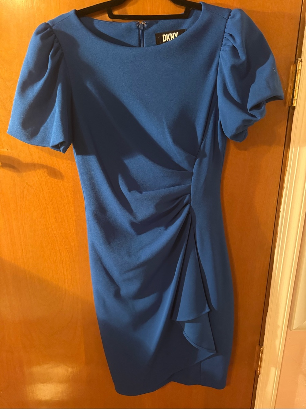 DKNY Blue Ruched Midi Dress with Puff Sleeves
